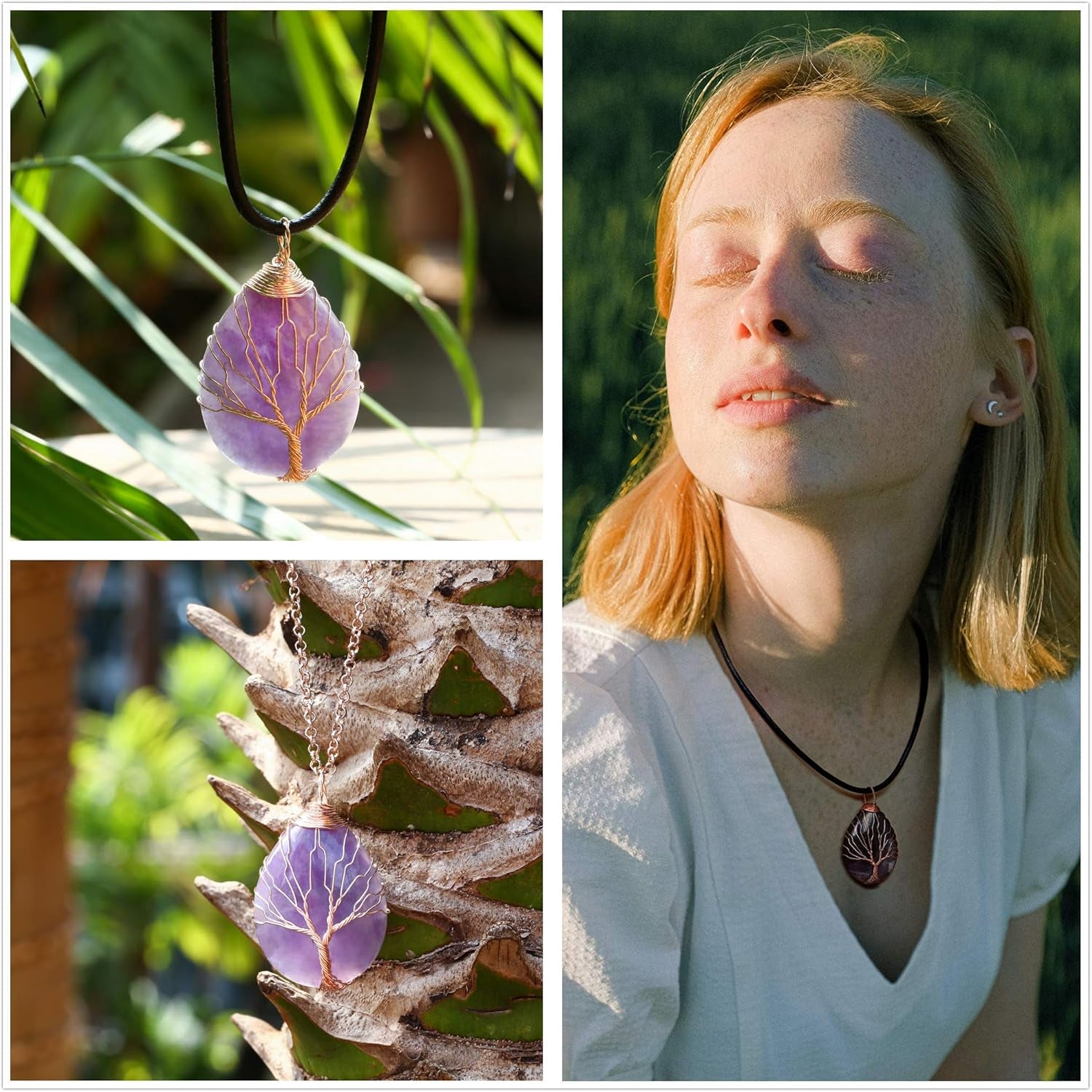 7 Chakra Gemstone Healing Crystals Necklace - Copper Wire Wrapped Natural Unisex Hippie Leather Choker
