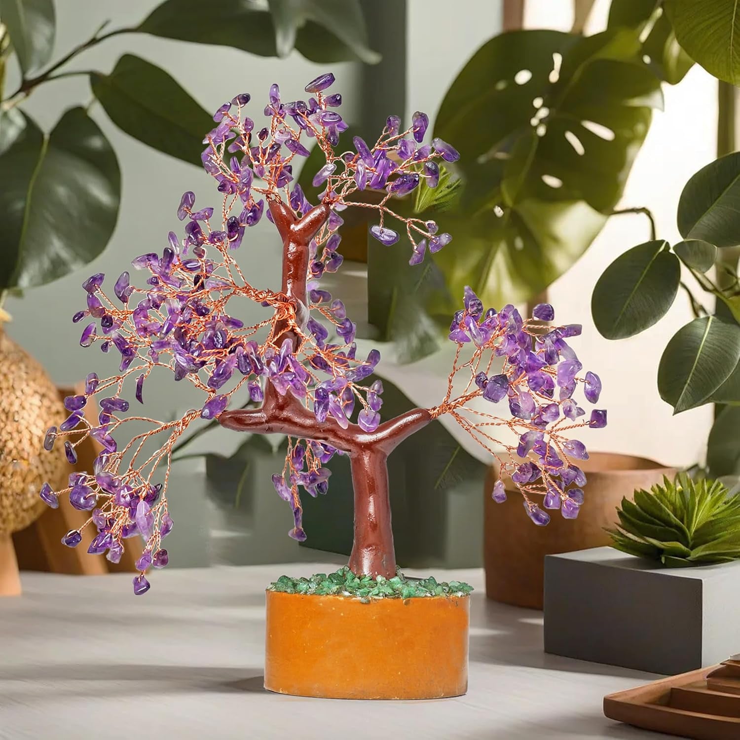 Amethyst Chakra Gemstone Money Tree of Life with Necklace - Spiritual Decor, Feng Shui Healing Crystal, Handmade Tree Figurine Gift for Good Luck, Fortune, Wealth, Home Office Desk Decor