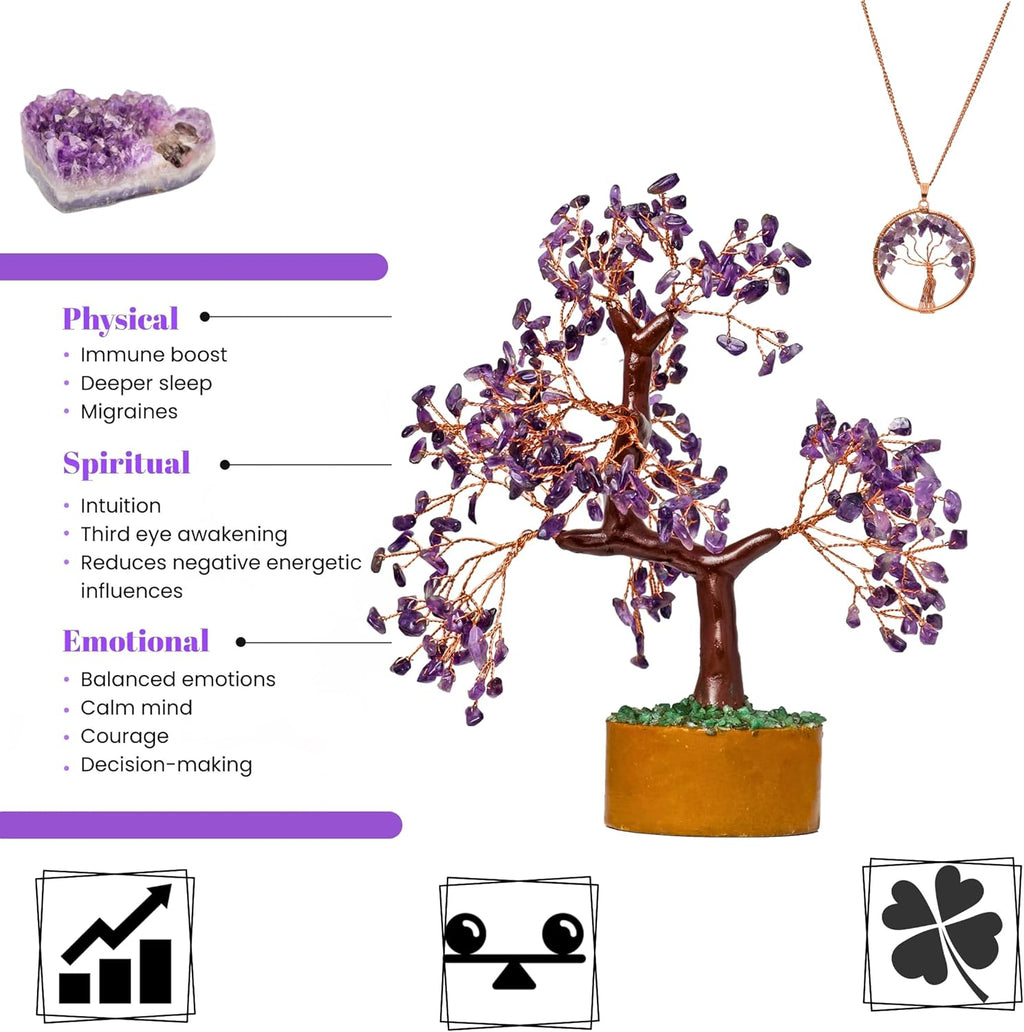 Amethyst Chakra Gemstone Money Tree of Life with Necklace - Spiritual Decor, Feng Shui Healing Crystal, Handmade Tree Figurine Gift for Good Luck, Fortune, Wealth, Home Office Desk Decor