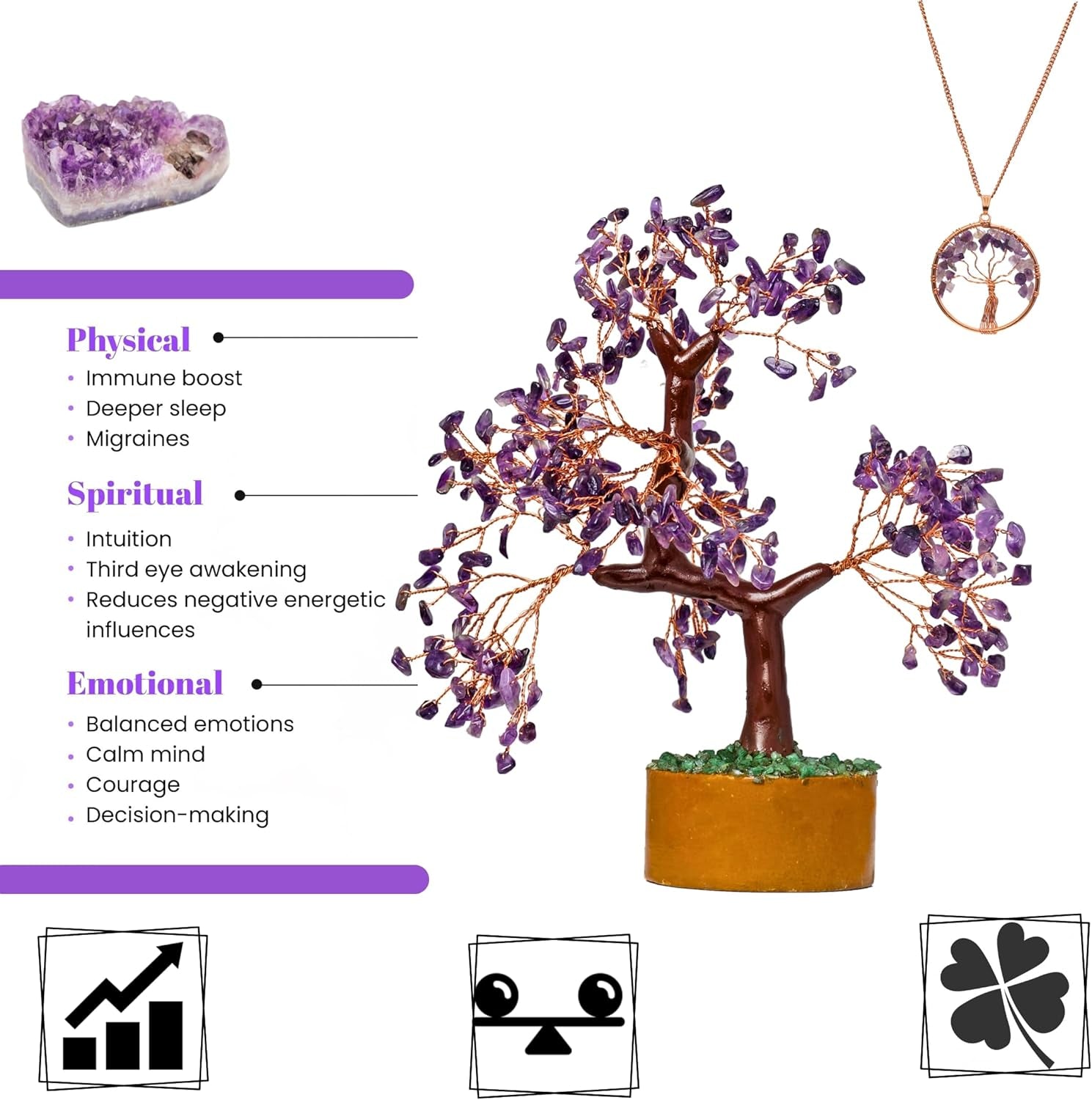 Amethyst Chakra Gemstone Money Tree of Life with Necklace - Spiritual Decor, Feng Shui Healing Crystal, Handmade Tree Figurine Gift for Good Luck, Fortune, Wealth, Home Office Desk Decor