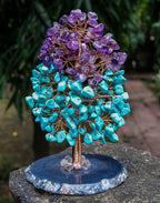 Amethyst & Turquoise Chakra Tree of Life - Agate Slice Geode Base, Crystal Tree for Positive Energy, Feng Shui Bonsai - Attract Good Luck, Copper Wire Gemstone Tree, Meditation Spiritual Gift - Decor