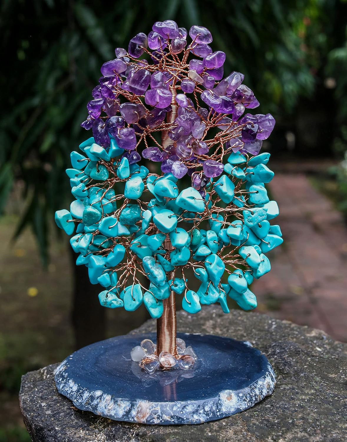 Amethyst & Turquoise Chakra Tree of Life - Agate Slice Geode Base, Crystal Tree for Positive Energy, Feng Shui Bonsai - Attract Good Luck, Copper Wire Gemstone Tree, Meditation Spiritual Gift - Decor