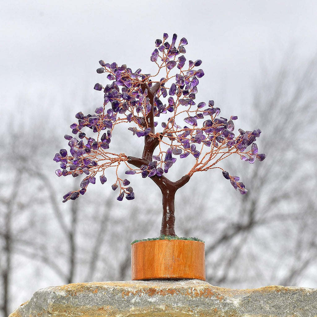 Amethyst Chakra Gemstone Money Tree of Life with Necklace - Spiritual Decor, Feng Shui Healing Crystal, Handmade Tree Figurine Gift for Good Luck, Fortune, Wealth, Home Office Desk Decor