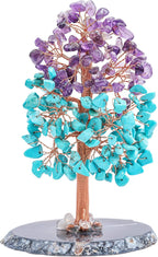 Amethyst & Turquoise Chakra Tree of Life - Agate Slice Geode Base, Crystal Tree for Positive Energy, Feng Shui Bonsai - Attract Good Luck, Copper Wire Gemstone Tree, Meditation Spiritual Gift - Decor