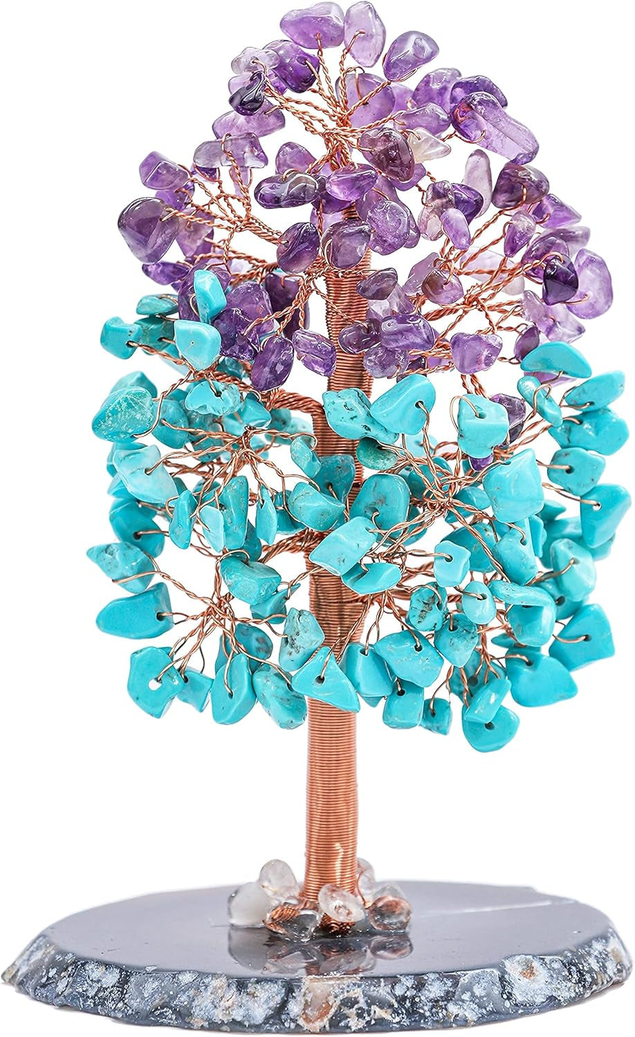 Amethyst & Turquoise Chakra Tree of Life - Agate Slice Geode Base, Crystal Tree for Positive Energy, Feng Shui Bonsai - Attract Good Luck, Copper Wire Gemstone Tree, Meditation Spiritual Gift - Decor