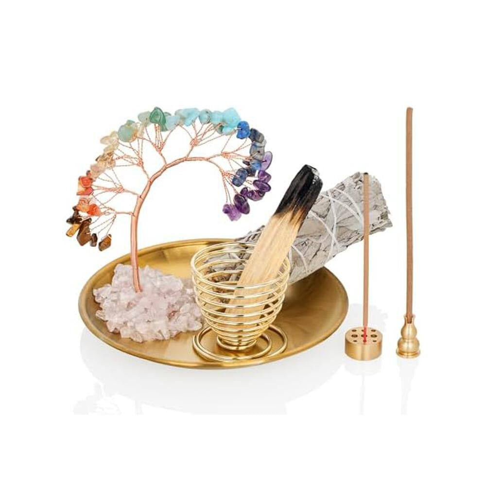 Brass Crystal Tree Incense Holder with 7-Chakra Stones for Yoga Meditation Home Decor