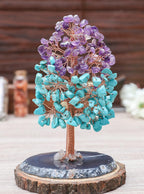 Amethyst & Turquoise Chakra Tree of Life - Agate Slice Geode Base, Crystal Tree for Positive Energy, Feng Shui Bonsai - Attract Good Luck, Copper Wire Gemstone Tree, Meditation Spiritual Gift - Decor