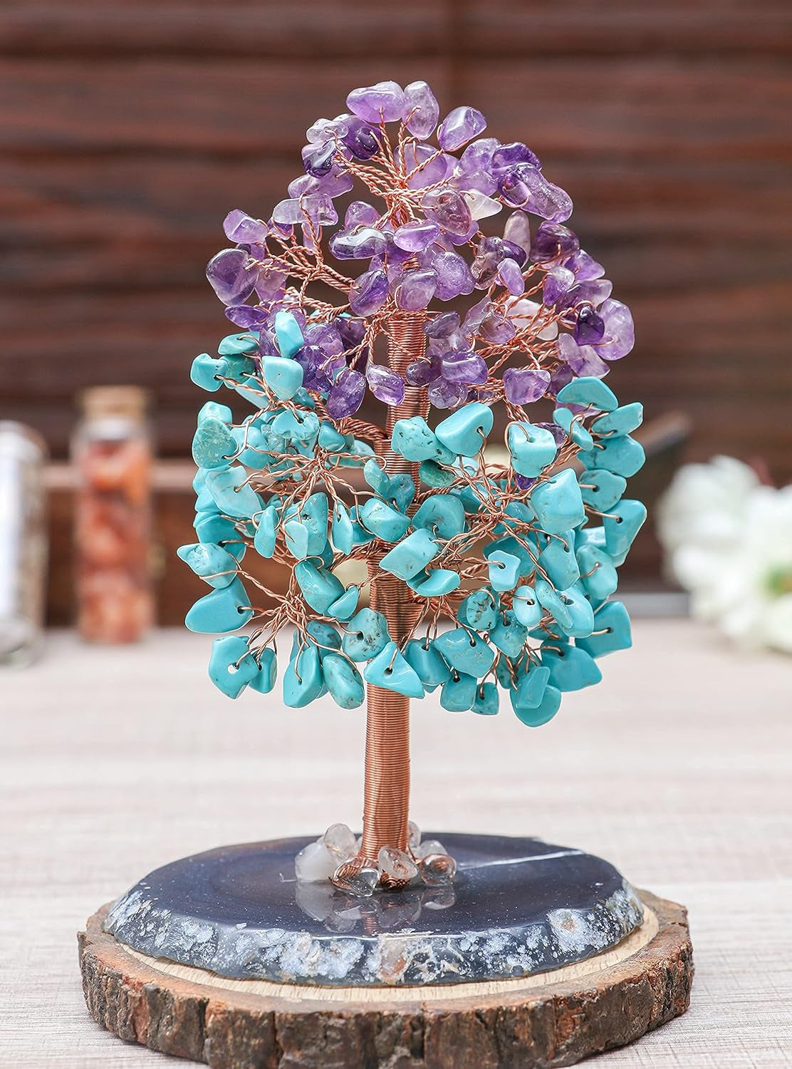 Amethyst & Turquoise Chakra Tree of Life - Agate Slice Geode Base, Crystal Tree for Positive Energy, Feng Shui Bonsai - Attract Good Luck, Copper Wire Gemstone Tree, Meditation Spiritual Gift - Decor