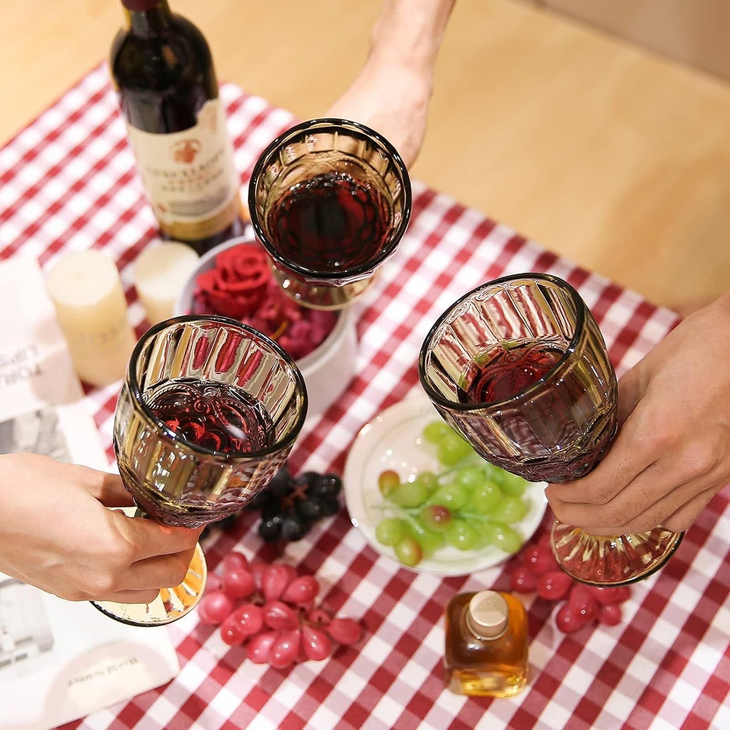 Vintage Glassware Green Drinking Glasses Set of 6 Stemmed Water Goblets Colored Wine Drinkware 10 OZ for Wedding Party Bar Christmas
