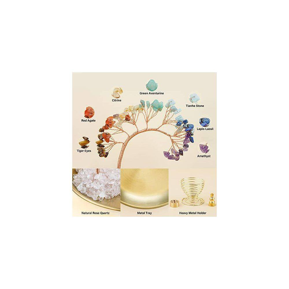 Brass Crystal Tree Incense Holder with 7-Chakra Stones for Yoga Meditation Home Decor
