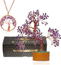 Amethyst Chakra Gemstone Money Tree of Life with Necklace - Spiritual Decor, Feng Shui Healing Crystal, Handmade Tree Figurine Gift for Good Luck, Fortune, Wealth, Home Office Desk Decor