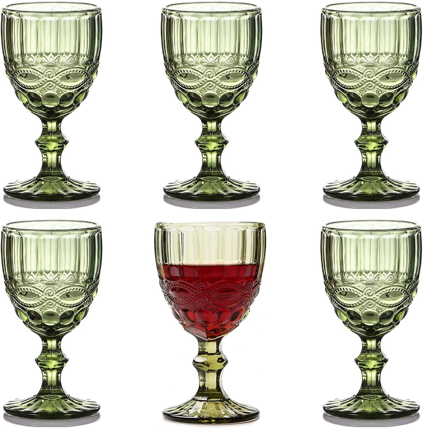 Vintage Glassware Green Drinking Glasses Set of 6 Stemmed Water Goblets Colored Wine Drinkware 10 OZ for Wedding Party Bar Christmas