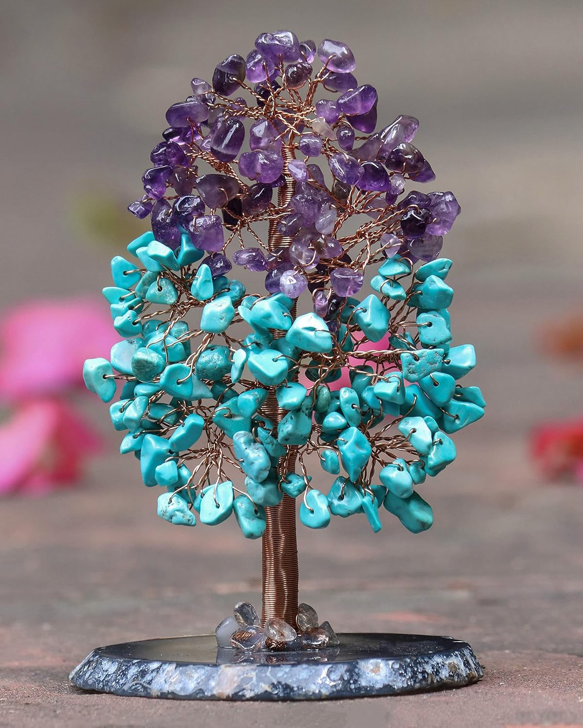 Amethyst & Turquoise Chakra Tree of Life - Agate Slice Geode Base, Crystal Tree for Positive Energy, Feng Shui Bonsai - Attract Good Luck, Copper Wire Gemstone Tree, Meditation Spiritual Gift - Decor