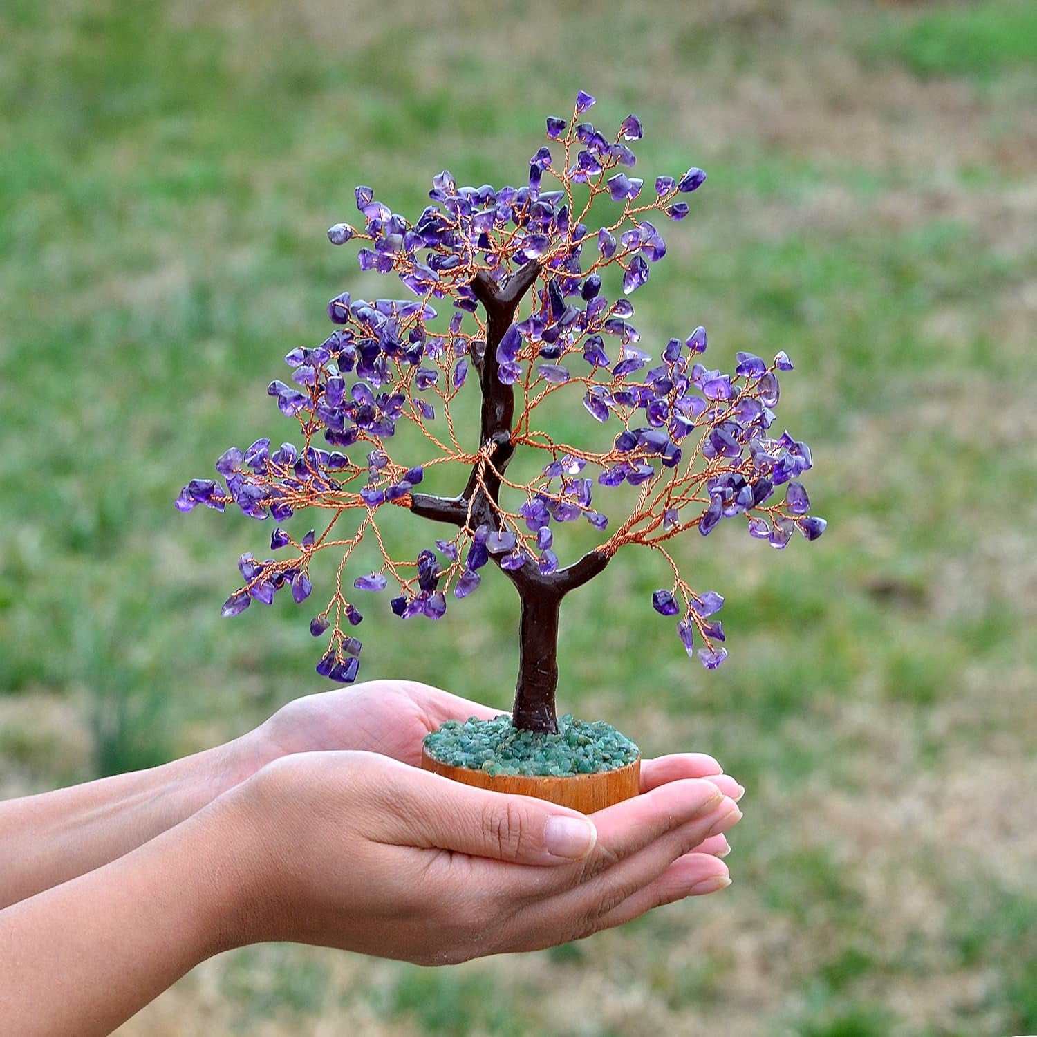 Amethyst Chakra Gemstone Money Tree of Life with Necklace - Spiritual Decor, Feng Shui Healing Crystal, Handmade Tree Figurine Gift for Good Luck, Fortune, Wealth, Home Office Desk Decor
