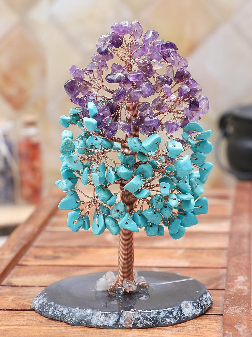 Amethyst & Turquoise Chakra Tree of Life - Agate Slice Geode Base, Crystal Tree for Positive Energy, Feng Shui Bonsai - Attract Good Luck, Copper Wire Gemstone Tree, Meditation Spiritual Gift - Decor