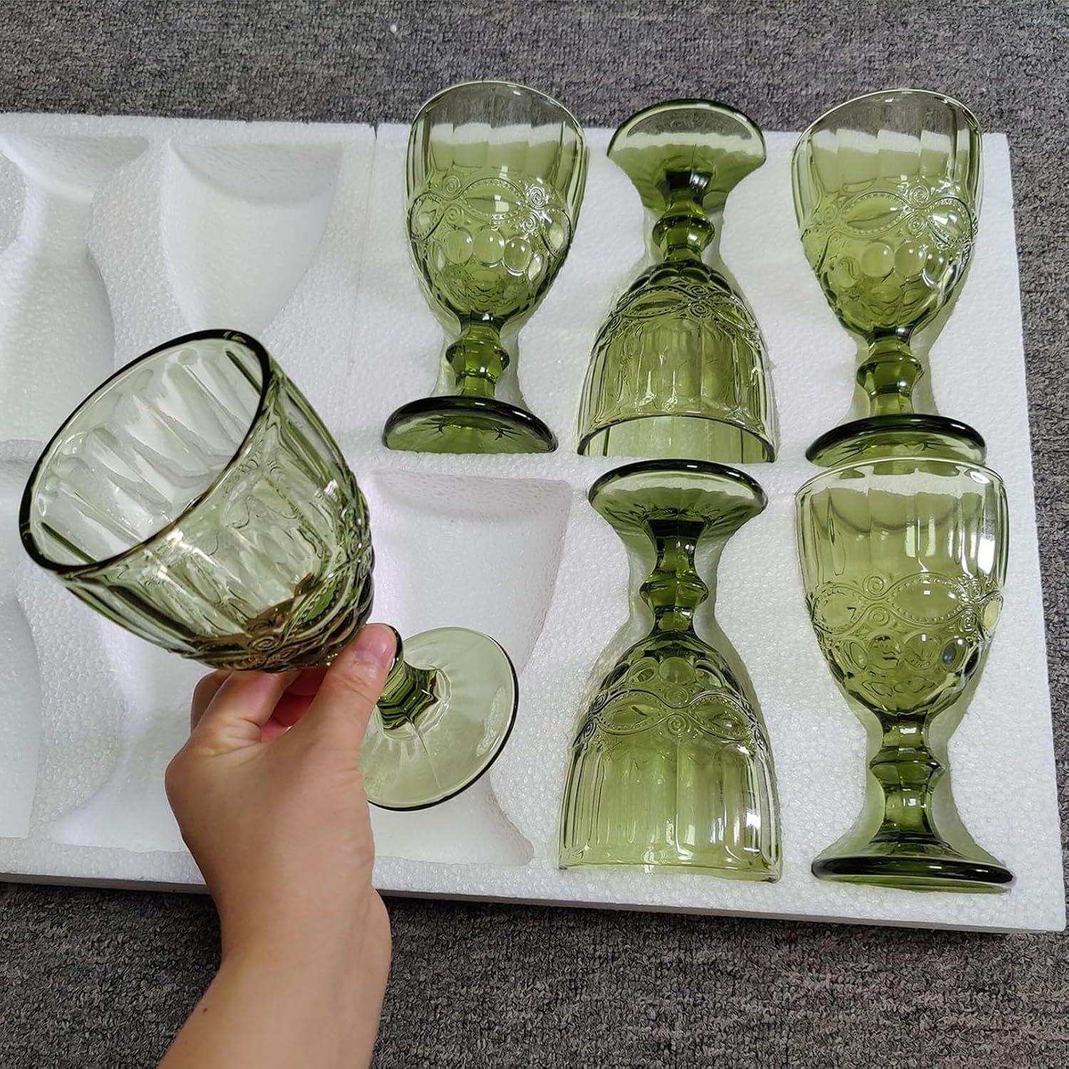 Vintage Glassware Green Drinking Glasses Set of 6 Stemmed Water Goblets Colored Wine Drinkware 10 OZ for Wedding Party Bar Christmas