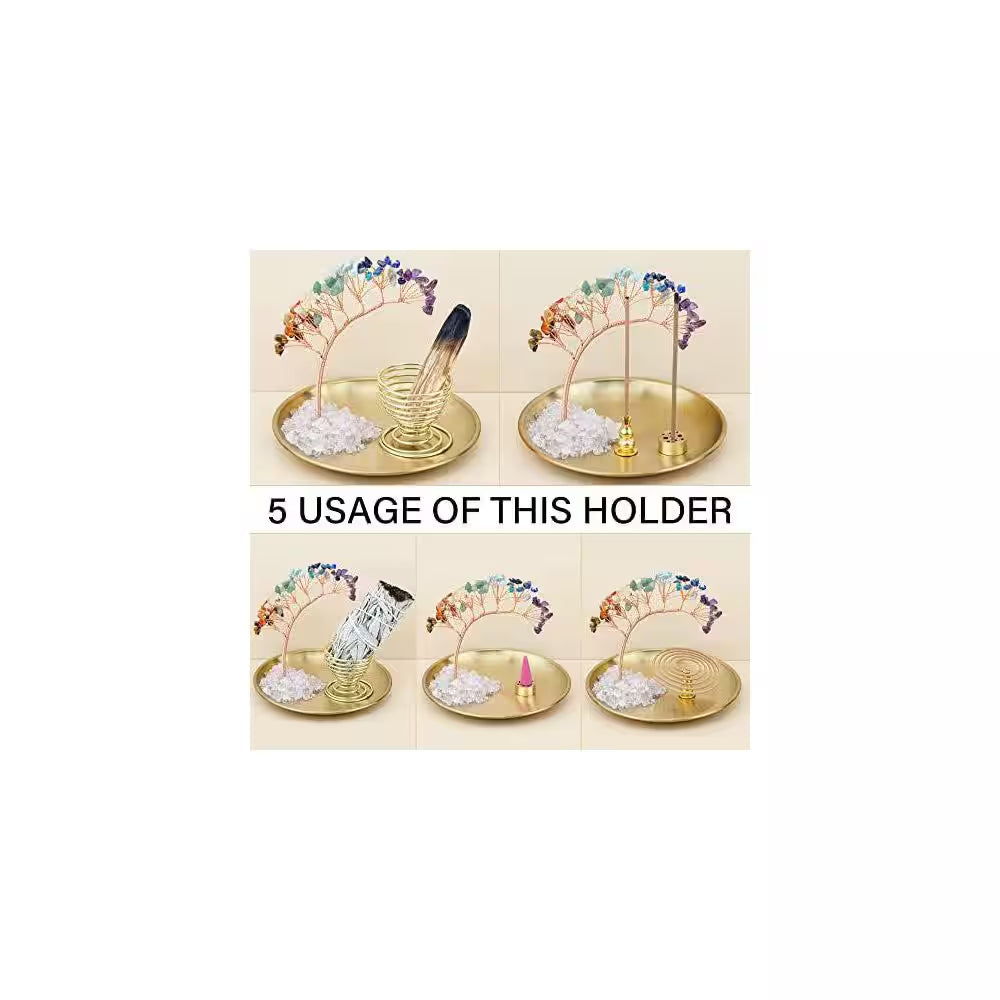 Brass Crystal Tree Incense Holder with 7-Chakra Stones for Yoga Meditation Home Decor