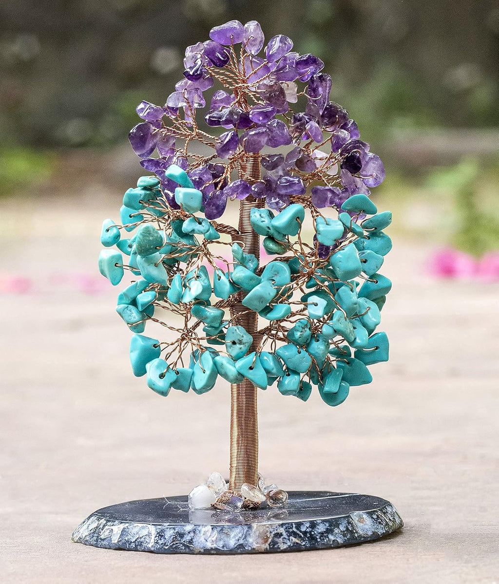 Amethyst & Turquoise Chakra Tree of Life - Agate Slice Geode Base, Crystal Tree for Positive Energy, Feng Shui Bonsai - Attract Good Luck, Copper Wire Gemstone Tree, Meditation Spiritual Gift - Decor