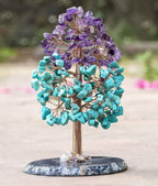 Amethyst & Turquoise Chakra Tree of Life - Agate Slice Geode Base, Crystal Tree for Positive Energy, Feng Shui Bonsai - Attract Good Luck, Copper Wire Gemstone Tree, Meditation Spiritual Gift - Decor