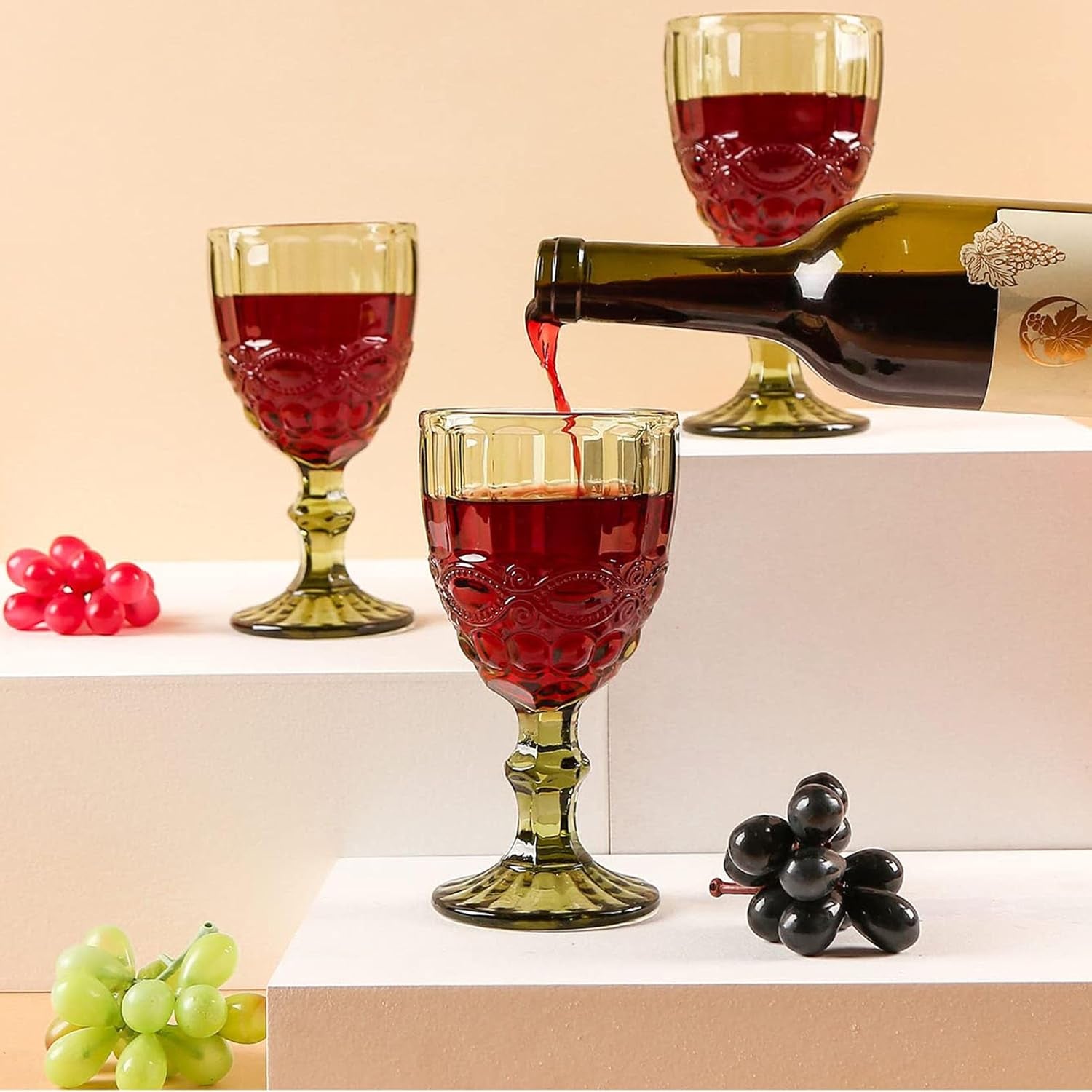 Vintage Glassware Green Drinking Glasses Set of 6 Stemmed Water Goblets Colored Wine Drinkware 10 OZ for Wedding Party Bar Christmas