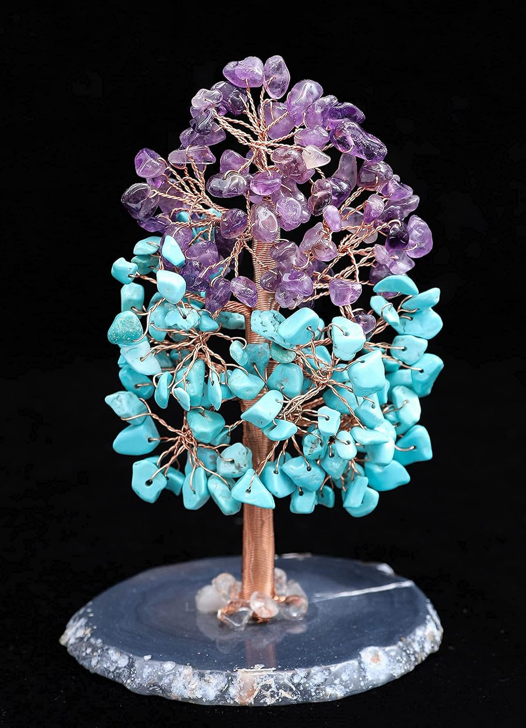 Amethyst & Turquoise Chakra Tree of Life - Agate Slice Geode Base, Crystal Tree for Positive Energy, Feng Shui Bonsai - Attract Good Luck, Copper Wire Gemstone Tree, Meditation Spiritual Gift - Decor