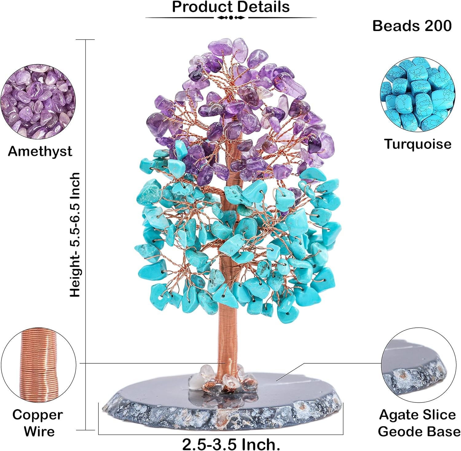 Amethyst & Turquoise Chakra Tree of Life - Agate Slice Geode Base, Crystal Tree for Positive Energy, Feng Shui Bonsai - Attract Good Luck, Copper Wire Gemstone Tree, Meditation Spiritual Gift - Decor